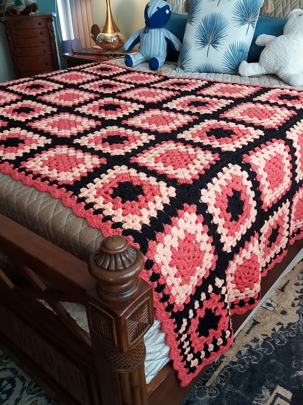 Handmade Melon, Black & Pink Crochet Granny Square Throw Blanket -Cozy 48